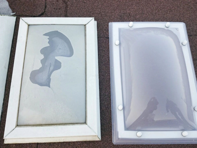 Nebeneinander auf dem Dach: die ausgebaute vergilbte Acrylschale im alten Rahmen und die neue klare Kuppel.