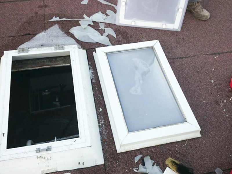 Der aufgeklappte Rahmen &uuml;ber der offenen Dach&ouml;ffnung, daneben die ausgebaute alte Schale und Werkzeug.