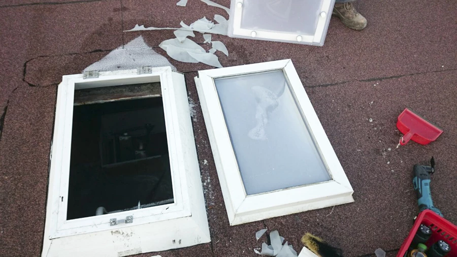 Geöffnete Dachöffnung neben der ausgebauten alten Lichtkuppel, ringsum abgelöste Dichtungsreste, daneben Spachtel und Akkusäge.