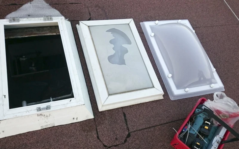 Auf dem Dach nebeneinander: der ge&ouml;ffnete Rahmen &uuml;ber dem Dachausschnitt, die ausgebaute vergilbte Acrylschale und die neue Oberschale.