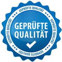 Blaues Siegel mit Häkchen und der Aufschrift „Geprüfte Qualität“.