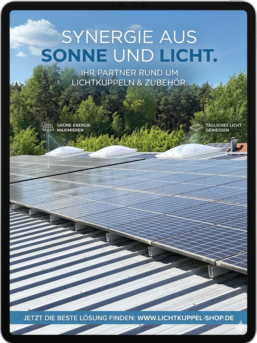 Werbegrafik auf einem Tablet mit der Überschrift Synergie aus Sonne und Licht: Photovoltaikmodule auf einem Trapezblechdach, dahinter drei Lichtkuppeln, dazu die Hinweise grüne Energie maximieren und tägliches Licht genießen sowie die Adresse www.lichtkuppel-shop.de.