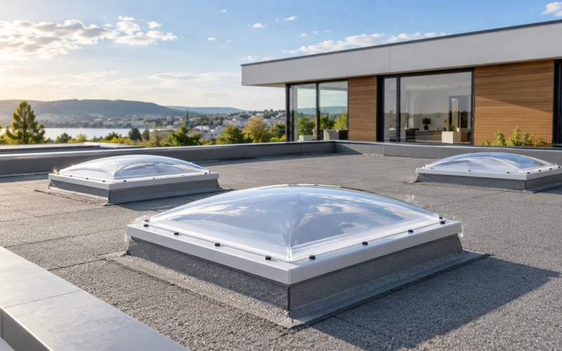 Drei Lichtkuppeln mit klarer Kunststoffschale auf einem Flachdach, dahinter ein Wohnhaus mit Holzfassade und bodentiefen Fenstern