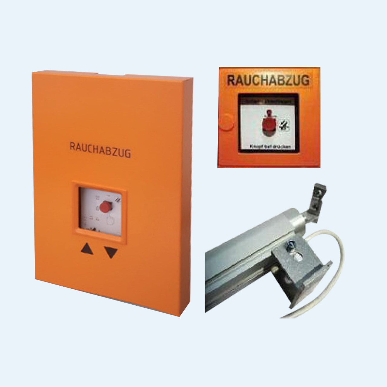 RWA-Set: orangefarbene Bedienzentrale mit der Aufschrift „Rauchabzug“, daneben ein Handtaster und ein Spindelantrieb.