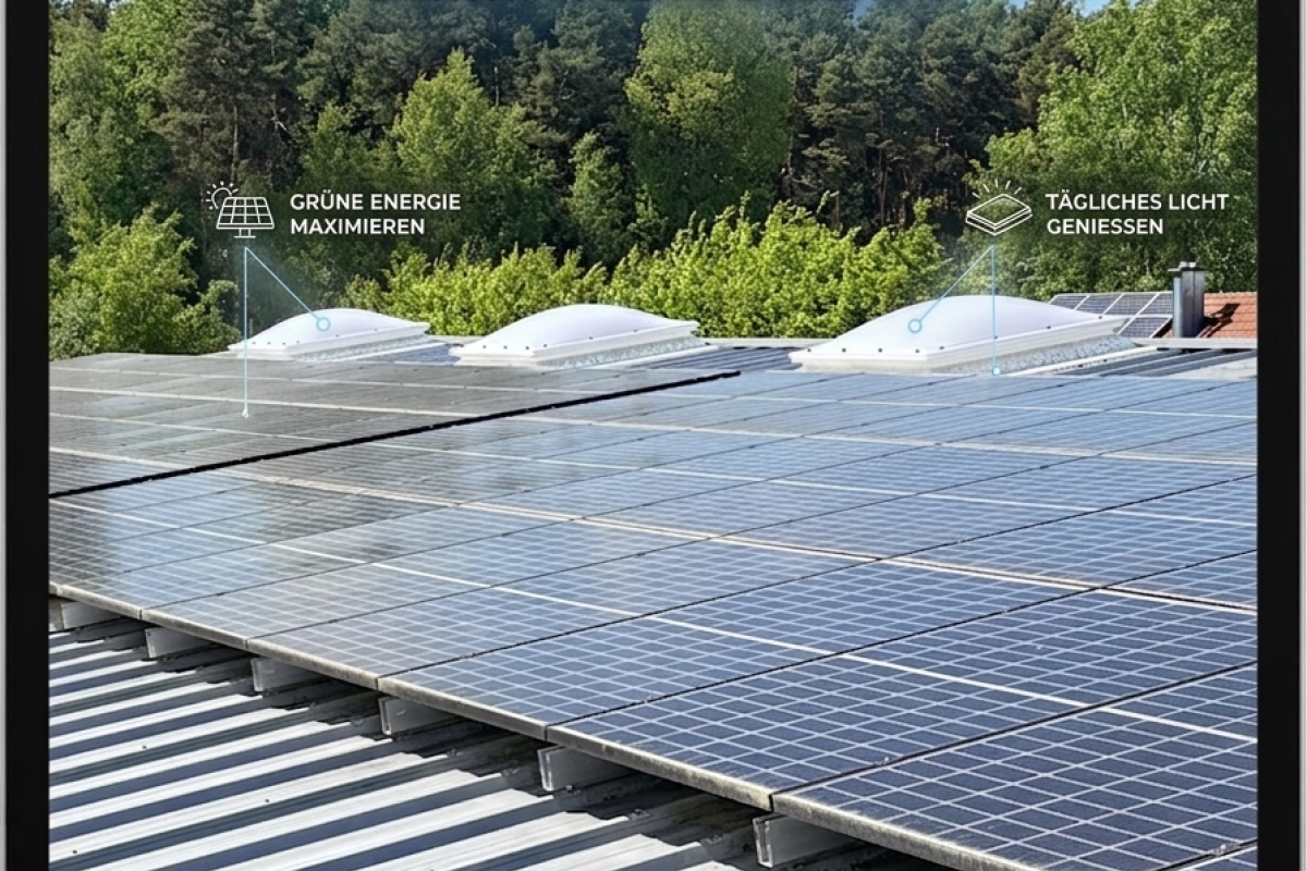 Werbegrafik auf einem Tablet: Photovoltaikmodule auf einem Hallendach, dahinter drei Lichtkuppeln, dazu die Zeile &bdquo;Synergie aus Sonne und Licht&ldquo;.