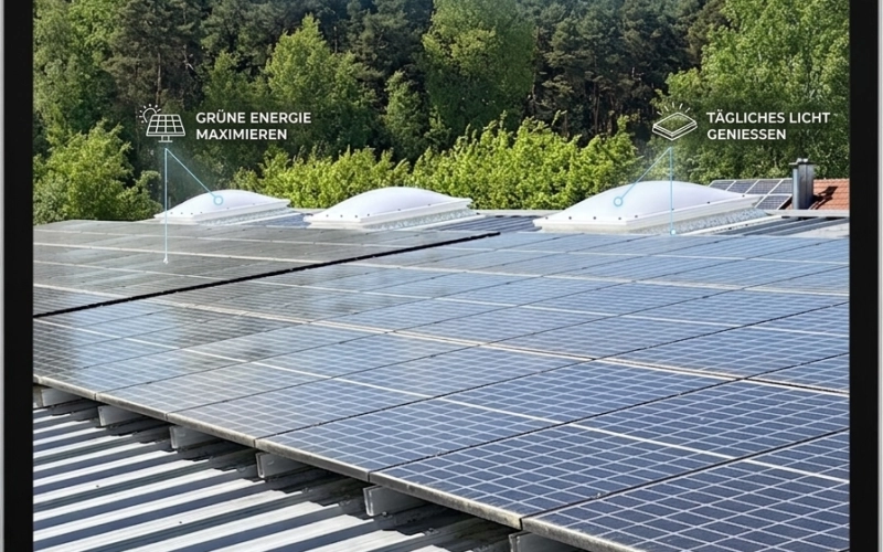 Werbegrafik auf einem Tablet: Photovoltaikmodule auf einem Hallendach, dahinter drei Lichtkuppeln, dazu die Zeile &bdquo;Synergie aus Sonne und Licht&ldquo;.
