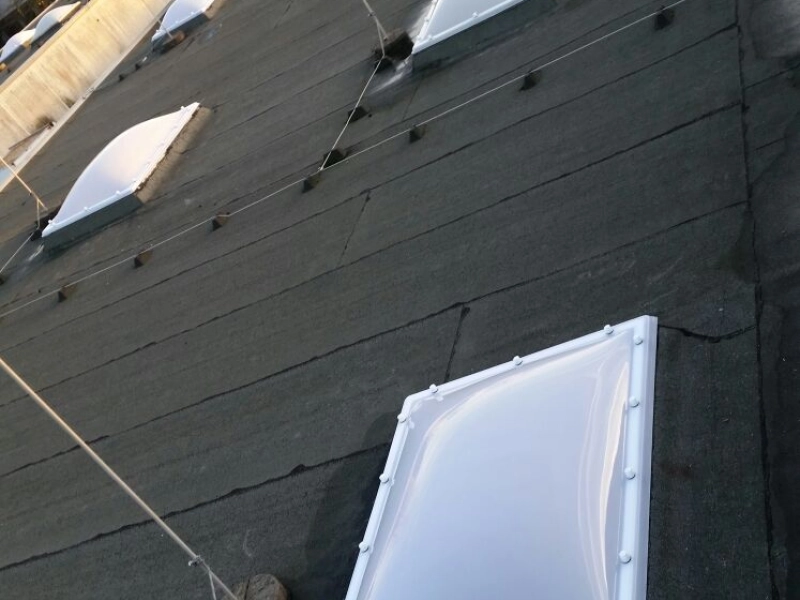 Steiler Blick &uuml;ber die Dachfl&auml;che auf eine Reihe neuer Lichtkuppeln, im Hintergrund ein Flachbau im Gegenlicht.