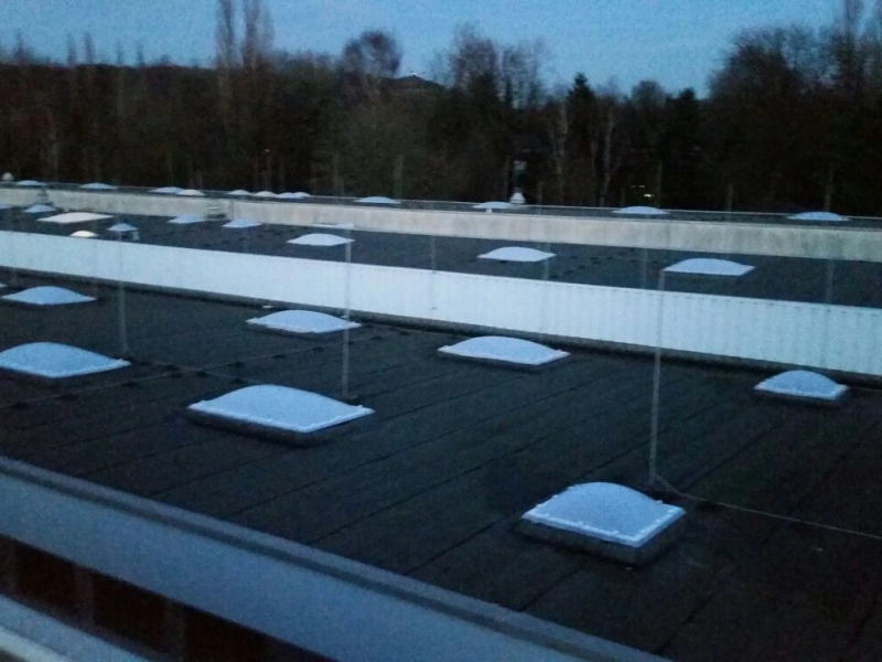 Zwei Dachebenen mit Lichtkuppeln in der D&auml;mmerung, getrennt durch eine Attika, dahinter eine dunkle Baumreihe.