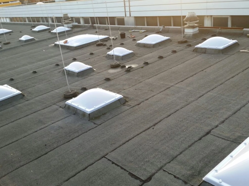 Dachfl&auml;che mit vielen neuen Lichtkuppeln, im Hintergrund eine gelbe Fassade und gestapelte Paletten.