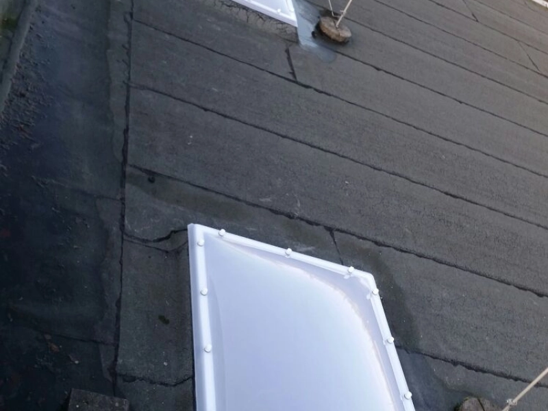 Steile Aufsicht auf drei neue Lichtkuppeln am Dachrand, dahinter eine Rasenfl&auml;che.