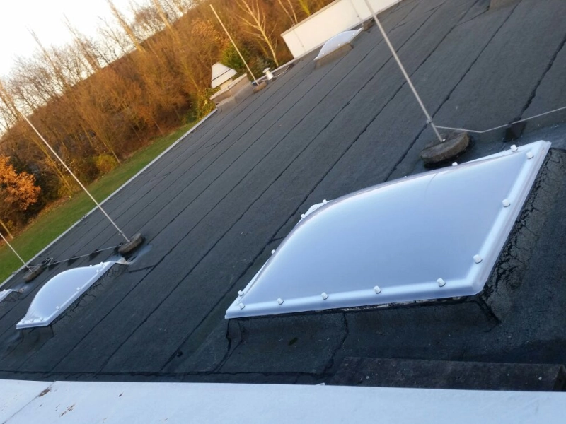 Drei neue Lichtkuppeln in Schr&auml;gansicht auf dem Bitumendach, dahinter Rasenfl&auml;che und B&auml;ume.