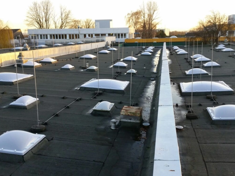Zwei Dachh&auml;lften mit zahlreichen neuen Lichtkuppeln, getrennt durch eine Attika, dahinter ein B&uuml;rotrakt.