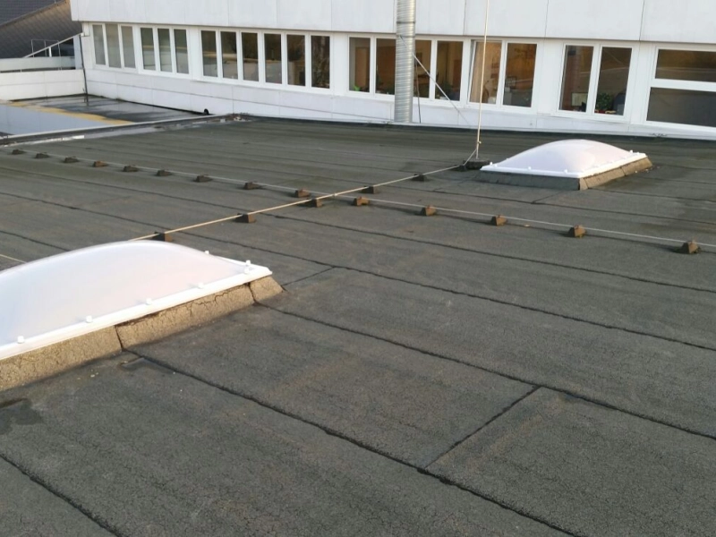 Zwei neue Lichtkuppeln auf Betonkr&auml;nzen, verbunden durch ein Sicherungsseil, dahinter ein B&uuml;rotrakt mit Fensterband.