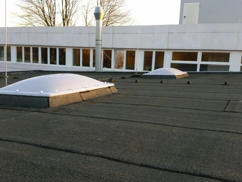 Zwei gew&ouml;lbte Lichtkuppeln auf Aufsatzkr&auml;nzen, dahinter ein Flachbau mit Fensterband und ein L&uuml;ftungsrohr.