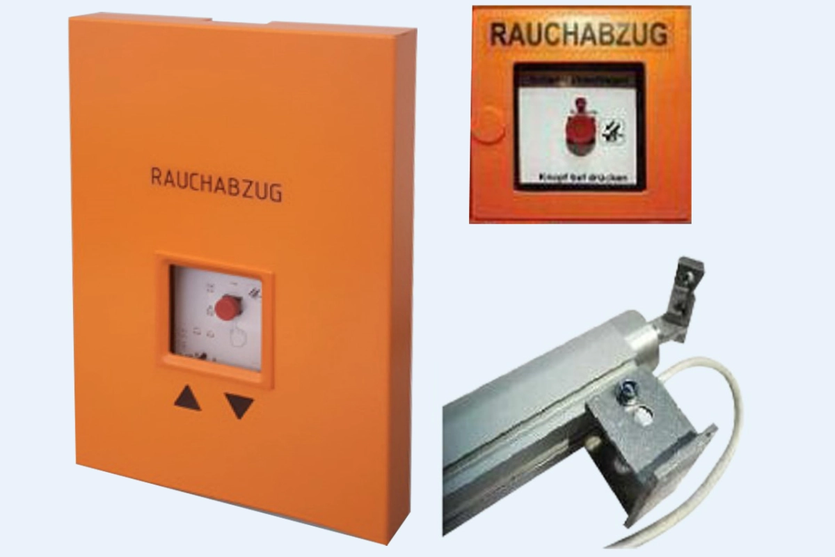 RWA-Set: orangefarbene Bedienzentrale mit der Aufschrift &bdquo;Rauchabzug&ldquo;, daneben ein Handtaster und ein Spindelantrieb.